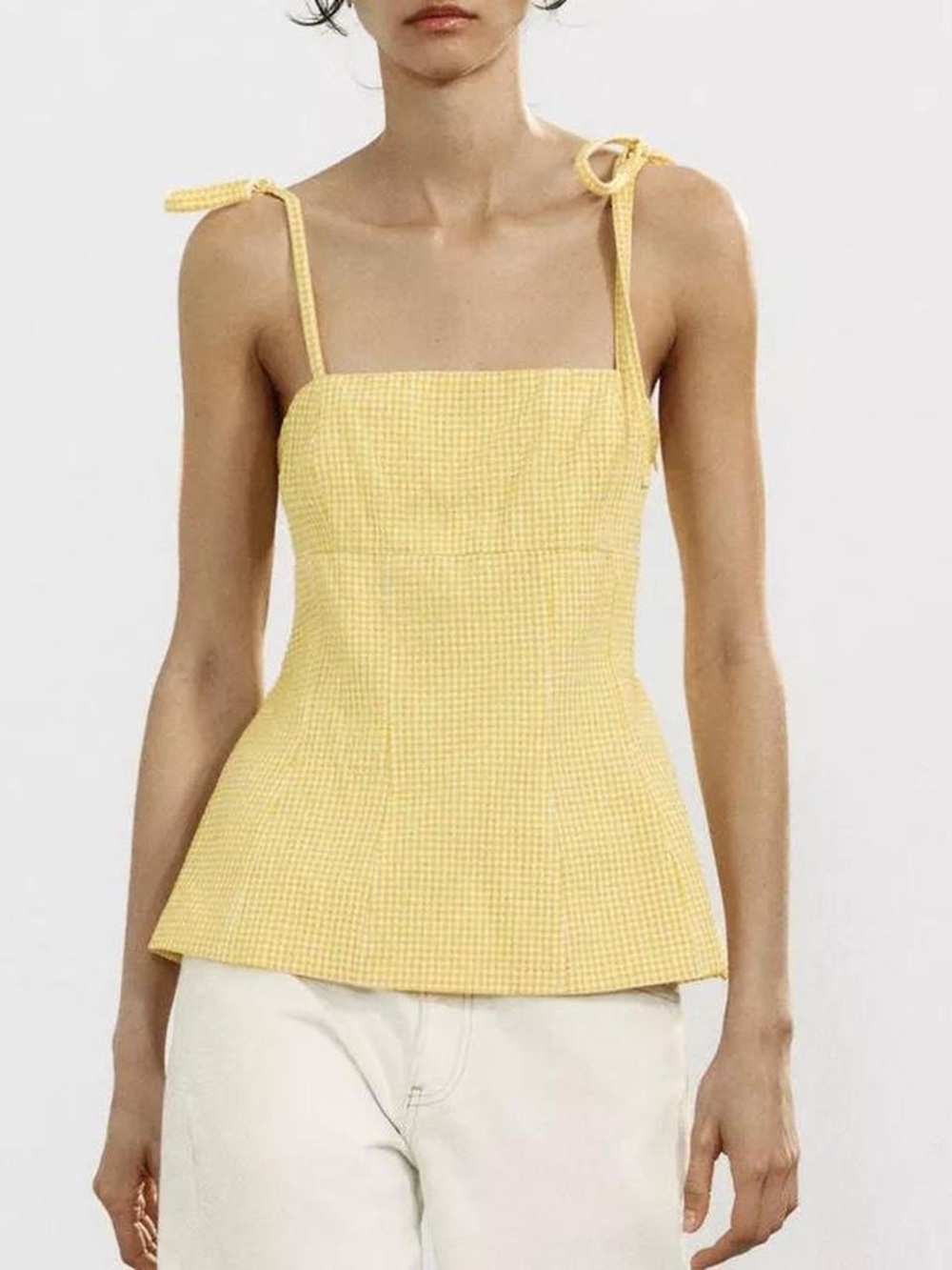 ZARA | Yellow Gingham Tie-Shoulder Square-Neck Top | NWT SIZE XS